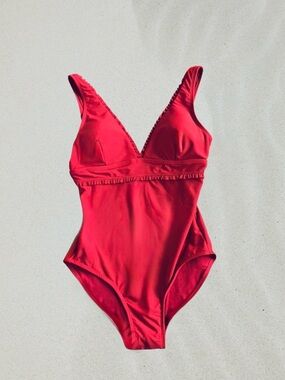 Tommy Hilfiger Red V-Neck One-Piece Swimsuit with Ruffle Trim (NWT - Size 18)